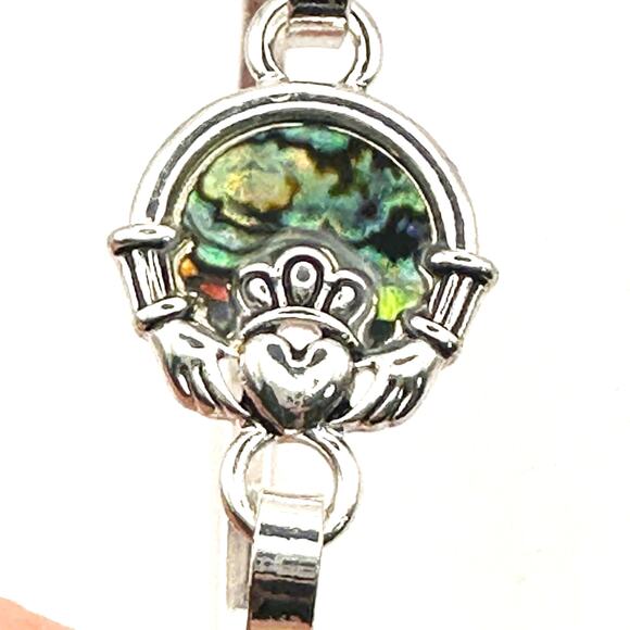 Claddagh Bracelet Silver tone Abalone Hinge Bangle Irish Costume Jewelry - Picture 4 of 8